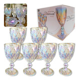 Jogo 6 Taça Vidro Decorado Textura Diamante Grossa 300 Ml Cor Raibow Efeito Colorido