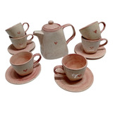 Jogo 6 Xicara Café Chá Rosa Com Bule