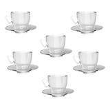 Jogo 6 Xícaras Café C Pires Vidro Transparente 90ml