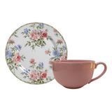 Jogo 6 Xícaras Chá 250 Ml Pires Floral Romântica Porcelana