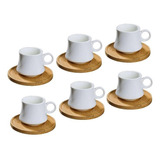 Jogo 6 Xícaras De Café Porcelana Pires Em Bambu 90ml Wellmix Cor Branco Liso
