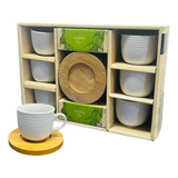 Jogo 6 Xicaras De Porcelana Café Com Pires Em Bambu 100ml