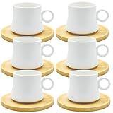 Jogo 6 Xicaras Porcelana 1 Linha Branca Café Cafezinho Com Pires Bambu 60ml
