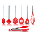 Jogo 7 Colheres De Silicone Cabo Inox Cozinha Utensílios