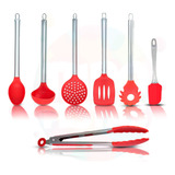 Jogo 7 Pç Colheres De Silicone Cabo Inox Utensílios Cozinha