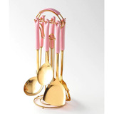 Jogo 7 Utensílios Dourado Inox Cerâmica Rosa Colher Concha
