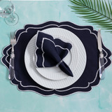 Jogo Americano Realeza Mesa Posta Com Guardanapo 12 Peças Cor Azul Marinho Bordado Branco