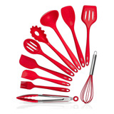 Jogo C 10 Colheres De Silicone Cabo Inox Utensílios Cozinha