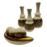 Jogo Ceramica Decorativo Centro Mesa Sala Enfeite Conjunto Cor Cristal Gelo Dourado