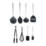 Jogo Colheres De Silicone Cabo Inox Utensílios 8 Peças Preto