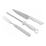 Jogo Com Faca Chaira Garfo Kit Para Churrasco Aço Inox 03pçs