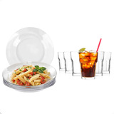 Jogo De 6 Pratos E 6 Copos Vidro Elegante Buffet Restaurante