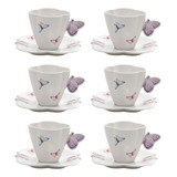 Jogo De 6 Xícaras De Chá Café De Porcelana Borboletas 200ml
