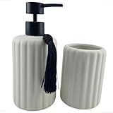 Jogo De Banheiro Cerâmica Porta Sabonete Líquido Copo Porta Escovas Kit Cerâmica Premium Branca Textura E Válvula Preta Kit Higiene Dispenser E Copo Decorativo Moderno E Elegante - Luiggi Presentes-