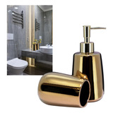Jogo De Banheiro Porcelana Gold Dourado P Lavabo Pia Decora