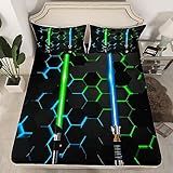 Jogo De Cama Casal Azul Neon Verde Sabre De Luz Geométrico Colmeia Hexágono 3 Peças Decoração De Quarto De Jogador Moderno Preto Lençol Com Elástico Alto 2 Fronhas