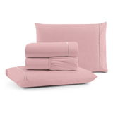 Jogo De Cama Casal Padrão 04 Pçs Ponto Palito Tecido Luxo Cor Rosa Desenho Do Tecido Liso