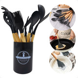 Jogo De Colheres Silicone Kit 12 Peças Cozinha Cabo Madeira