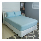 Jogo De Lençol Cama Casal Size 3 Peças Box Liso Com Elástico Malha 100 Algodão Cozzilar Toque Macio Hotel Pousada Azul Bebê