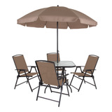 Jogo De Mesa 4 Cadeiras Guarda Sol Ombrelone Marrom Mor
