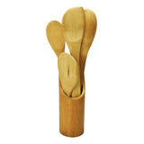 Jogo De Porta Talheres Colher De Bambu 5 Pc Cozinha Marrom