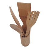 Jogo De Porta Talheres Colher De Bambu Kit 5 Peças Cozinha