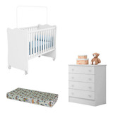 Jogo De Quarto Com Berço Cômoda E Colchão Branco Qmovi