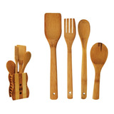 Jogo De Talher De Madeira Bambu 4pçs C Suporte Decoração