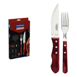 Jogo De Talheres Jumbo Para Churrasco Em Aço Inox Com Cabo Vermelho Polywood 4 Peças Tramontina