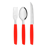 Jogo De Talheres Restaurante Buffet Color Aço Inox E Cabos Em Polipropileno Vermelho 12 Garfos 12 Facas 12 Colheres