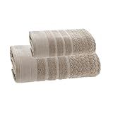 Jogo De Toalhas Banho E Rosto- 2 Peças- Algodão- Fio Penteado- Corttex- Treviso- Ultra Macia- 450g-m-- Barra Decorativa- Altihaus -Bege-