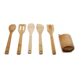Jogo De Utensílios Bambu 6pçs Com Suporte Colher De Pau