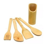 Jogo De Utensílios Talheres De Bambu P Cozinha C 5 Peças