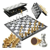 Jogo De Xadrez Magnético Prata E Dourado Dobrável 25cm Luxo