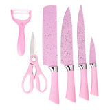 Jogo Faca Rosa Azul Cozinha Churrasco 6peças Tesoura Ralador