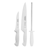 Jogo Facas Tramontina Premium Inox C Chaira Branco 3 Peças