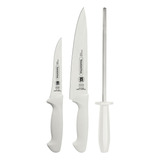 Jogo Facas Tramontina Premium Inox Com Chaira 3 Pçs Branco