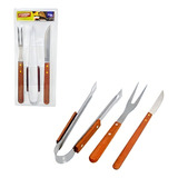 Jogo Inox Kit Para Churrasco Cabo Madeira 3 Peças