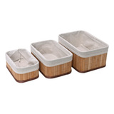 Jogo Kit 03 Cestos De Bambu Natural Com Tecido Interno Cesta Decorativa Organizador Multiuso Lavanderia Lavabo Banheiro armário closet