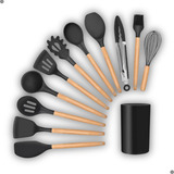 Jogo Kit 12 Utensílios De Cozinha Silicone Cabo De Madeira