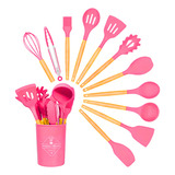 Jogo Kit Com 12 Peças Utensílios De Cozinha Casa Laura Enxovais Colheres Espátula Silicone Cabo Madeira Decoração Pink