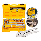 Jogo Kit De Ferramentas Manuais Chave Catraca Soquetes 1 2 8 A 32mm 22 Peças Com Alicate Pressão 10 Pol The Black Tools