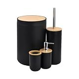 Jogo Para Banheiro Lavabo Com Lixeira Escova Sanitaria Porta Sabonete Liquido E Porta Escova De Dente Tampa Em Bambu Quadrado Preto Redondo 
