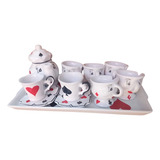 Jogo Porcelana Chá Café Cartas Com Bandeja Bule Xicaras