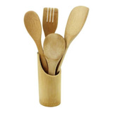 Jogo Porta Talheres colher Espátula De Bambu Kit 5 Peças Cor Marrom