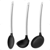 Jogo Silicone Inox Colher Concha Escumadeira Preto Fratelli