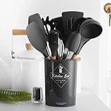 Jogo Utensílios De Cozinha Em Silicone Madeira 12 Peças Preto