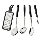 Jogo Utensílios Tramontina Easy Aço Inox 5 Peças Cabo Preto