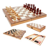 Jogo Xadrez Dama Gamão Madeira Tabuleiro 29x29 3 Em 1