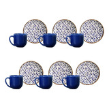 Jogo Xícara Café C Píres Cerâmica Coup Asteca 112ml Kit 6 Cor Azul